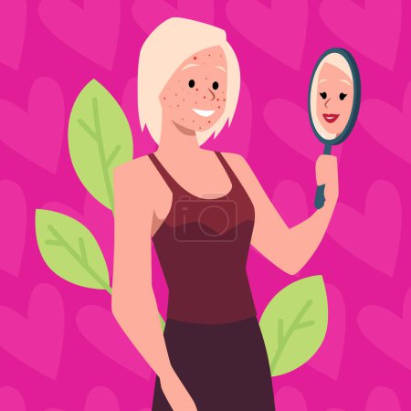 Illustration for Blonde woman with an ugly face presents herself as a beauty, enjoying her reflection in the mirror. Love yourself. Positive girl cartoon character, motivational vector illustration on pink background - Royalty Free Image