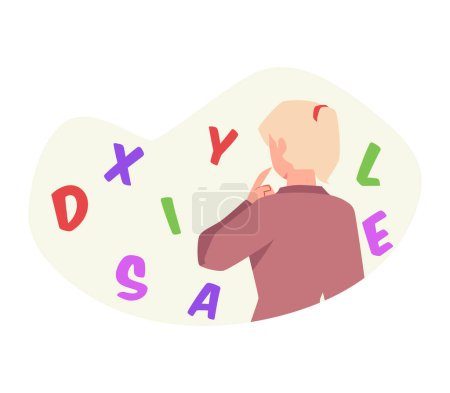 Illustration for Girl looks at the letters, view from the back, vector illustration isolated on white background, drawn in simple flat cartoon style. Design concept about education, learning difficulties and dyslexia - Royalty Free Image