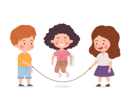 Happy cute kids play jump rope. Cartoon boy and girls skipping rope activity. Leisure sport time, have fun. Children play jump rope game. Vector illustration kinder characters isolated on white