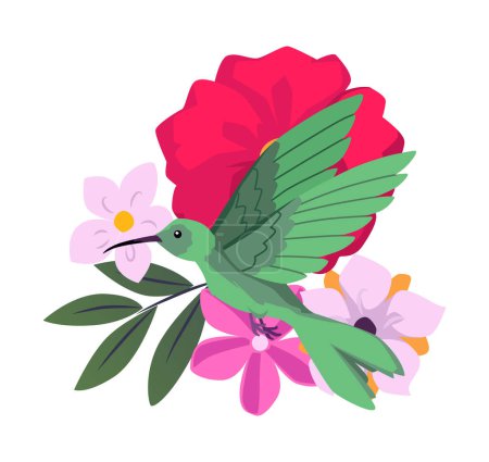 Illustration for Flying hummingbird bird with long beak, turquoise plumage. Cartoon beautiful exotic colibri small wild bird with blossom wild flowers. Vector illustration of tropical fauna and flora - Royalty Free Image