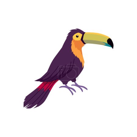 Illustration for Tropical toucan bird on the branch. Cartoon beautiful exotic wild bird with orange beak from rainforest. Jungle fauna animal red-billed toucan vector illustration isolated on white - Royalty Free Image