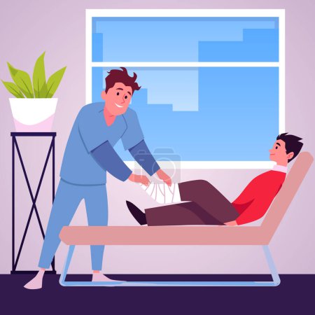 Illustration for Patient at an appointment with an orthopedist, flat cartoon vector illustration. Orthopedic surgery medicine and after injury recovery concept of banner. - Royalty Free Image