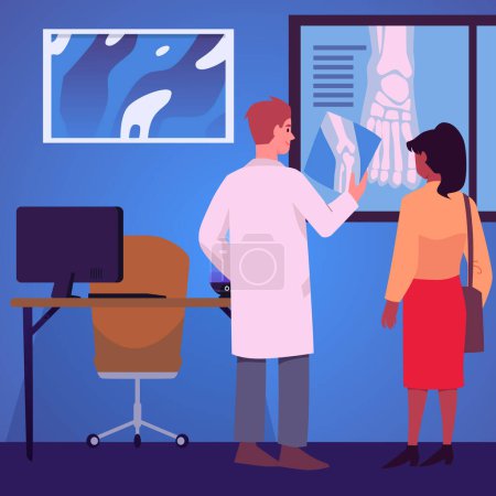 Illustration for Orthopedic doctor design concept, vector illustration in flat cartoon style. People, male doctor and female patient in a medical office looking at x-rays. Clinic interior, medical design - Royalty Free Image
