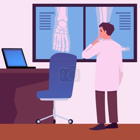 Illustration for Orthopedic doctor examines x-ray images of foot in his office. Orthopedist at work in clinic. Flat vector illustration concept. - Royalty Free Image