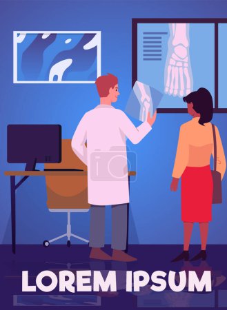 Illustration for Banner or poster with patient at appointment with doctor orthopedist, flat cartoon vector illustration. Orthopedic surgery and medicine banner templpate. - Royalty Free Image