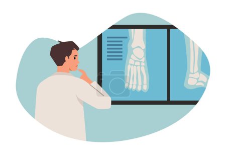 Illustration for Orthopedic doctor design concept, vector illustration in flat cartoon style. Young man, male doctor in a medical office looking at x-rays of leg. Clinic interior, medical design - Royalty Free Image