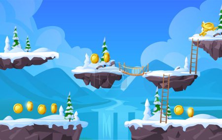 Arcade game scenery design with floating snowy islands, 2D cartoon vector illustration. Game interface backdrop template with level platforms and bonus items.
