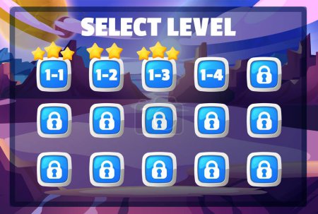 Illustration for Level game selection screen. Game interface on the space background. Select Level menu option UI elements, stars, numbers and locks. GUI kit collection buttons for mobile universe design - Royalty Free Image