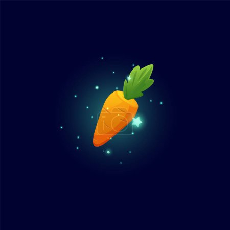 Illustration for Carrot with leaves and blue glowing stars icon. Cartoon fresh orange vegetable, natural harvest with sparks. Shine farm game asset. Vector illustration on black background - Royalty Free Image