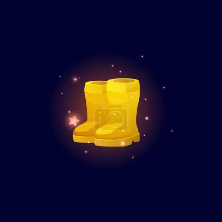 Pair of yellow rubber boots for garden. Glows demi-season shoes. Gumboots for protection against water and puddles. Vector cartoon shine farm game asset on black