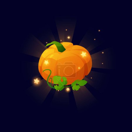 Illustration for Glowing ripe pumpkin with leaves icon. Cartoon Cucurbita with sparkles. Vector orange vegetable fruit illustration on black. Shine farm game asset. Fall harvest gourds, healthy food - Royalty Free Image