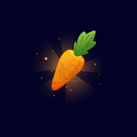 Illustration for Glowing fresh carrot with leaves icon. Cartoon orange vegetable with sparkles, detox diet. Natural harvest from the garden. Shine farm game asset. Vector illustration black background. - Royalty Free Image