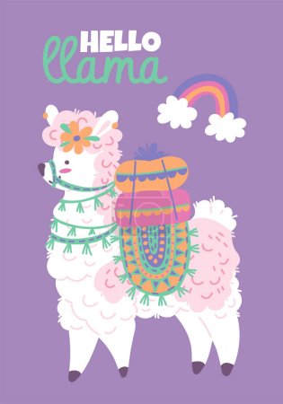 Illustration for Hello llama greeting card design. Cute alpaca carrying pillows with rainbow decorative element. Travel animal character with blanket. Hand drawn isolated vector illustration. - Royalty Free Image
