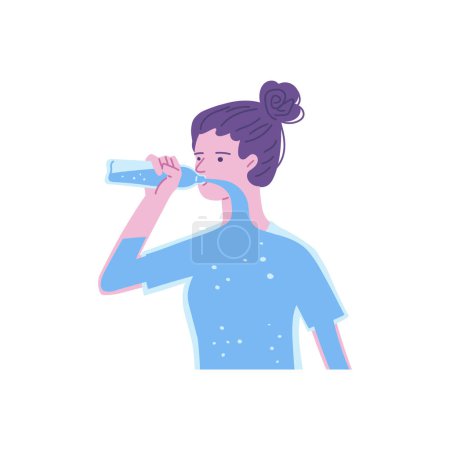 Ilustración de Mujer beber agua de botella de vidrio, el cuerpo como un recipiente lleno de agua escala vector ilustración plana. Concepto de infografía de hidratación. Beba más agua, estilo de vida de atención médica - Imagen libre de derechos