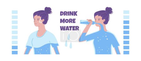 Ilustración de Bebe más póster de agua. Ilustración plana vectorial de la mujer que muestra el cuerpo deshidratado y el agua potable con escala de agua. Concepto de deshidratación e hidratación, estilo de vida de la atención médica - Imagen libre de derechos