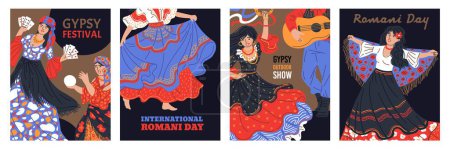 Internationale Roma-Tag Konzert Vektor-Plakate gesetzt. Ensembleaufführung Flamenco-Folk. Zigeunerinnen tanzen mit Tamburin. Wahrsager mit Karten und Zauberkugel. Männer, die Gitarre spielen