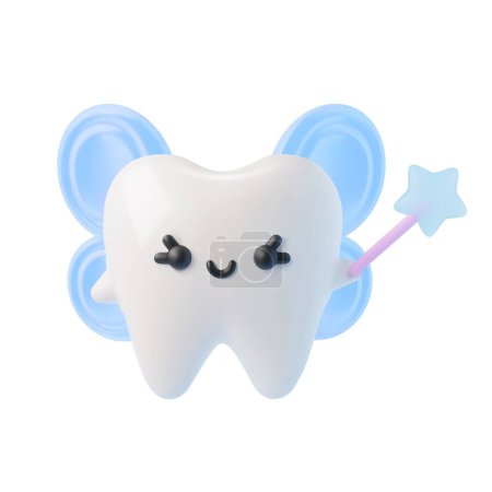 Illustration for Tooth Fairy character, isolated realistic 3d vector on white background. White dental object with wings and a magic wand, medicine and health concept design element. Icon or clipart of teeth. - Royalty Free Image