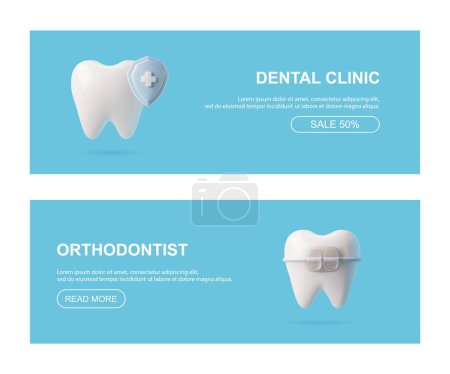 3D gesunde Zähne mit medizinischem Markierungsschild und Zahnspangen. Landing Page Set für professionelle kieferorthopädische und zahnmedizinische Leistungen. Stomatologie Klinik Werbedesign für Web auf blau
