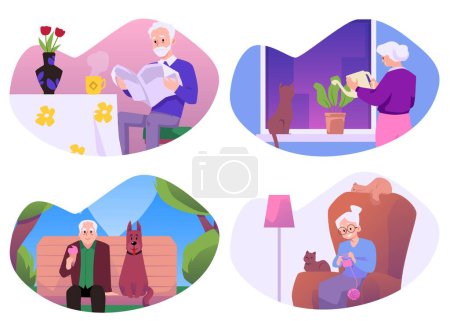 Illustration for Happy lonely old people having a good time doing hobby, enjoy life with pet. Vector illustrations set. Elderly woman are knitting with cats, man sits on the bench with dog and eats ice cream - Royalty Free Image