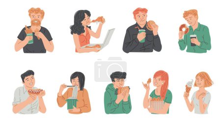 Ilustración de La gente está comiendo comida rápida. Ilustración vectorial de malos personajes de nutrición poco saludables con un conjunto aislado de bocadillos grasos. Persona de dibujos animados comiendo hamburguesa con refrescos, pizza, papas fritas, hot dog, pollo frito - Imagen libre de derechos