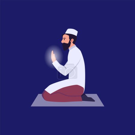 Illustration for Muslim man in Arabic clothing prays on knees, reads a Dua, Salah prayer. Tradition Muslim faith and Islamic religion. Vector illustration of religious believer praying to Allah with glowing palms - Royalty Free Image