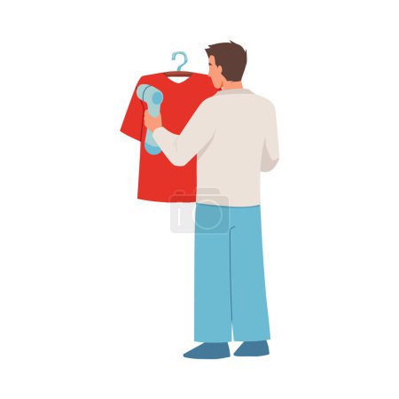 Hombre usando vaporizador manual, planchando una camiseta roja en una percha. Hogar portátil y barco de vapor de ropa de viaje para la ropa. Ilustración plana vectorial aislada sobre fondo blanco