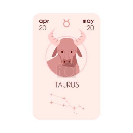Astrological Horoscope card with Taurus zodiac constellation, birth date, sign and symbol. Zodiac icon bulls head. Flat Horoscope beige colors design vector illustration