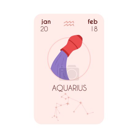 Horoscope Astrology Aquarius zodiac card with constellation, birth date, sign and symbol. Aquarius zodiac symbol as a water pours from a jug. Flat Horoscope beige colors design vector illustration