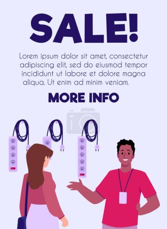 Discounts at an electronics store. Vector flyer with seller, buyer. Poster with place for text. Flat illustration for sale promotion.