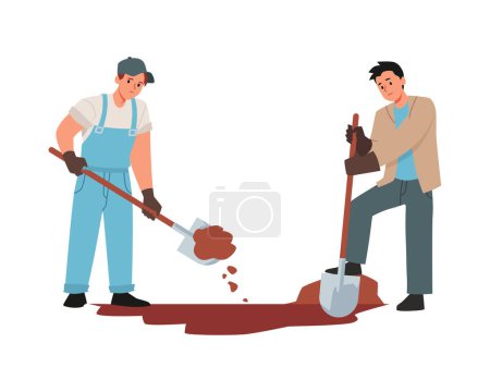 Zwei Männer graben mit Schaufeln ein Loch. Bestatter machen eine Grabstätte, Grube für Grube auf der Friedhofsvektorabbildung, isoliert auf weiß. Arbeit auf dem Bau oder im Bergbau