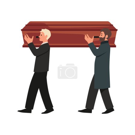 Los hombres del servicio ritual llevan el ataúd. Procesión de ceremonia de entierro. Funeral, luto tradicional. Ilustración vectorial plana aislada en blanco. La acción o práctica de enterrar un cadáver