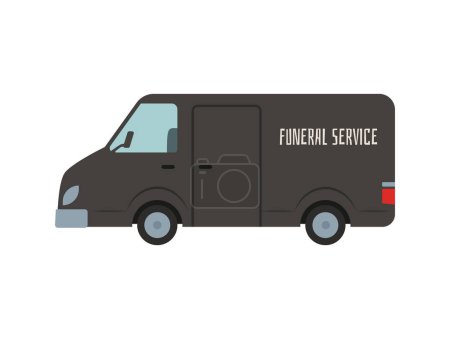 Black hearse van, funeral car. First Call vehicle, funeral transport, burial transportation service. Automobile for carrying dead body. Cartoon vector illustration isolated on white