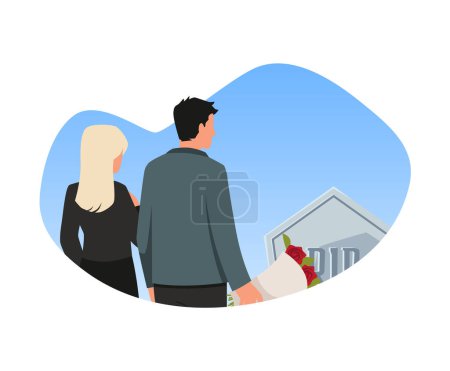 Couple put a funeral flowers on the gravestone burial. Persons in sadness, mourns the dead near the tombstone on grave. Funeral ritual concept. Cartoon funerary ceremonial sorrow flat illustration