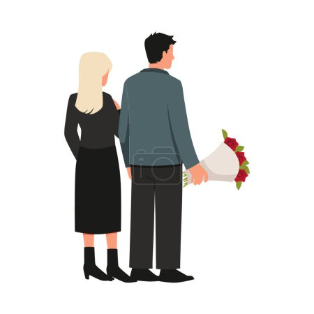 Couple in dark clothes with funeral flowers on burial. Persons in sadness, mourns the dead, grief. Funeral ritual concept. Cartoon funerary ceremonial sorrow flat illustration, view from the back