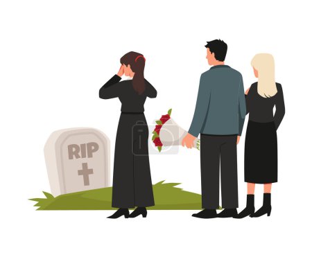 Illustration for Cemetery scene with grieving relatives and family visiting the grave of the deceased, flat vector illustration isolated on white background. Funeral service at cemetery. - Royalty Free Image