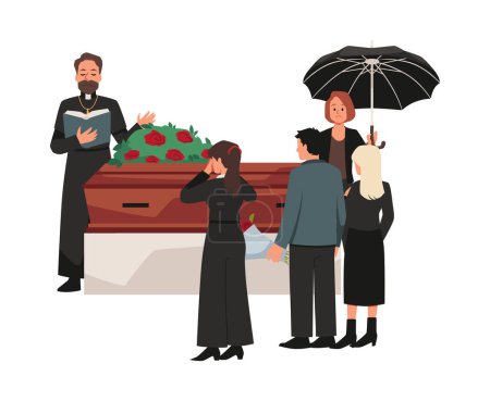 Funeral ceremony, burial service vector illustration. Sad mourning people in black clothes standing around closed coffin with wreath of flowers. Priest holding funeral speech. Woman with an umbrella