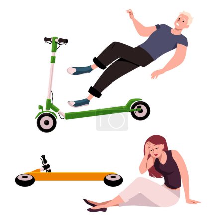 People without helmet fell off electric scooter, crashing and holding head while sitting on the ground next to a scooter. Accident on the road isolated vector illustration in cartoon flat style