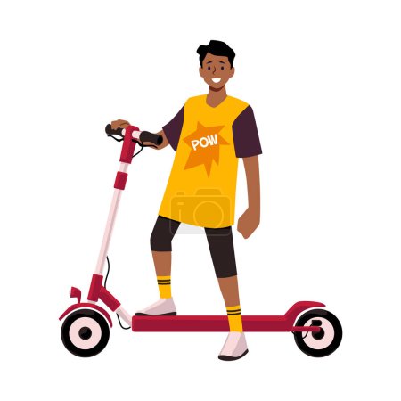 Illustration for Vector illustration of a smiling boy with an electric scooter. Flat design that reflects an active lifestyle. The isolated image is ideal for mobility themes. - Royalty Free Image