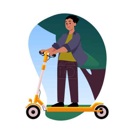 Illustration for Boy on an electric scooter. Vector illustration in flat design, isolated icon with trees in the background. For lifestyle and travel topics. Ecological transport concept. - Royalty Free Image