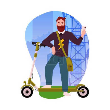 Illustration for Urban transport rental concept: A bearded man uses a phone while renting an electric scooter. Vector flat isolated illustration for eco-friendly commuting. - Royalty Free Image
