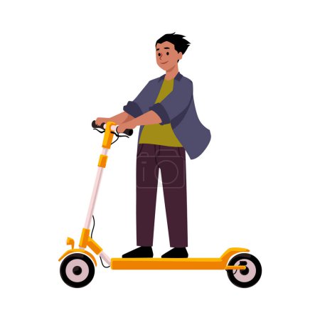 Illustration for A cheerful boy rides an electric scooter. Vector isolated illustration captures the essence of youth mobility and lifestyle in a flat design format. - Royalty Free Image