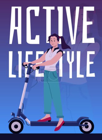 Illustration for A teenage girl enjoys a ride on an electric scooter. Flat vector illustration flyer design showcasing the mobile travel lifestyle, with space for text. - Royalty Free Image