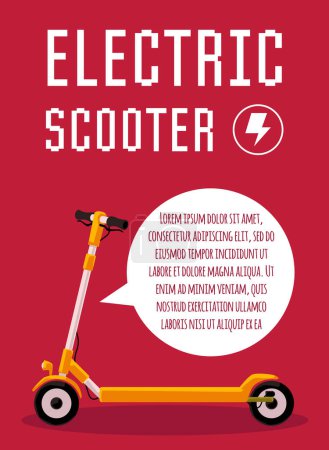 Elektroroller Verleih Flyer. Flache Darstellung eines Elektrorollers auf rotem Hintergrund mit Sprechblase und Platz für Text. Umweltfreundlicher Verkehr.