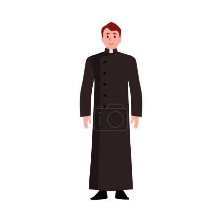 Catholic priest, vector illustration isolated on white background, drawn in flat cartoon style. Male person in traditional clerical robes. Religion character, pastor servant of god in cassock.
