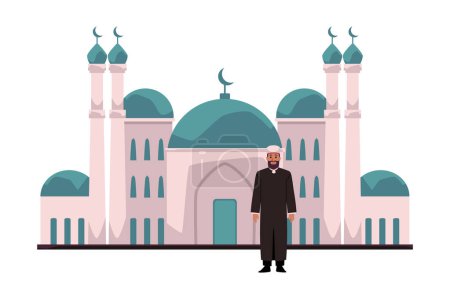 Ilustración de Mullah, Imam o Mufti en la mezquita de fondo con media luna. Religión islámica. Ramadán Kareem oración. Arquitectura y cultura musulmana tradicional. Ilustración vectorial aislada en blanco - Imagen libre de derechos