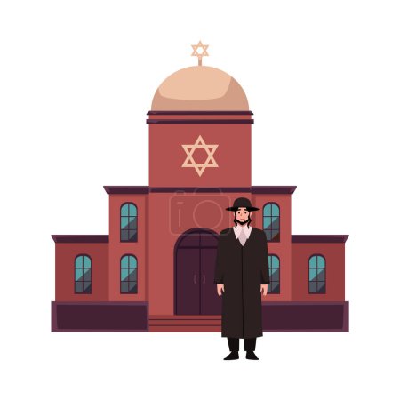 Illustration for Rabbi or Jew against the synagogue. Jewish priest and house of prayer for Judaism religious concept, flat vector illustration isolated on white background. - Royalty Free Image