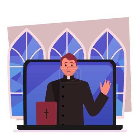 Illustration for Priest with Bible book raised his hand for oath in laptop screen vector illustration. Catholic preacher teaches religious texts. Online religious service. Christianity Orthodox religion - Royalty Free Image
