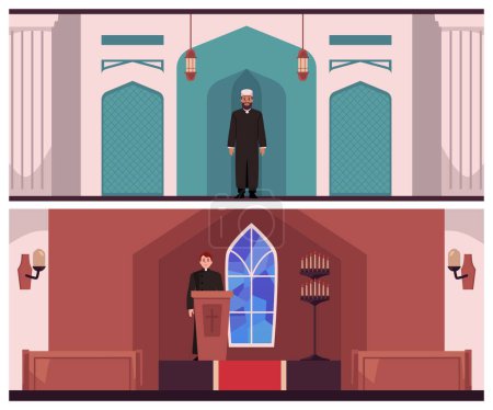 Illustration for Islamic and Christianity religion vector illustrations set. Priest or Pastor standing at tribune with cross rood in church. Muslim man standing in the mosque. Traditional Arabian and Orthodox culture - Royalty Free Image
