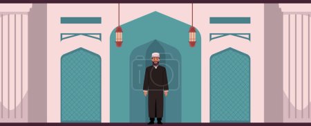 Ilustración de Mullah, Imam o Mufti en la mezquita. Religión islámica. Ramadán Kareem oración. Ilustración vectorial interior y cultural musulmana. La fe árabe tradicional a Alá Dios - Imagen libre de derechos