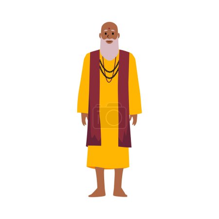 Téléchargez les illustrations : Un prêtre indien, Monk. Vieil homme barbu chauve avec point rouge bindi sur le front en costume indien traditionnel. Religion hindoue. Illustration vectorielle de personnage hindou isolé sur blanc - en licence libre de droit